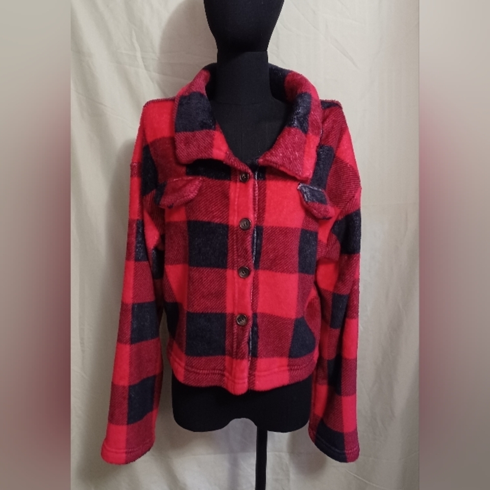 SHEIN Red and Black Checkered Plush Jacket - Picture 2 of 9